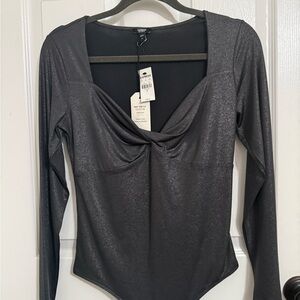 Express Black Fitted Ruched Long Sleeve Bodysuit